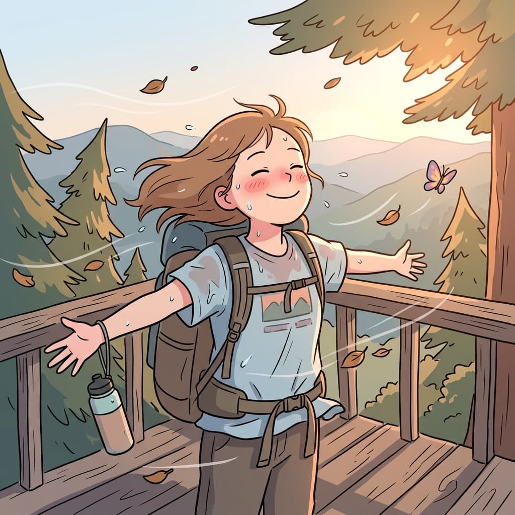 After hiking up the hot trail, she finally feels the cool mountain breeze.