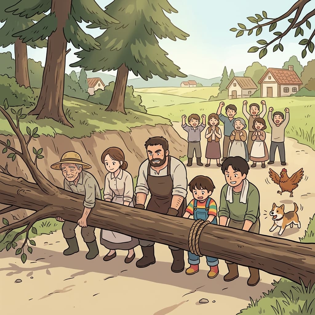 Through cooperation, the villagers lifted the fallen tree off the road together.