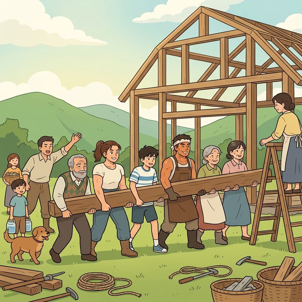 The villagers were cooperative, lifting the heavy beam together to rebuild the barn.