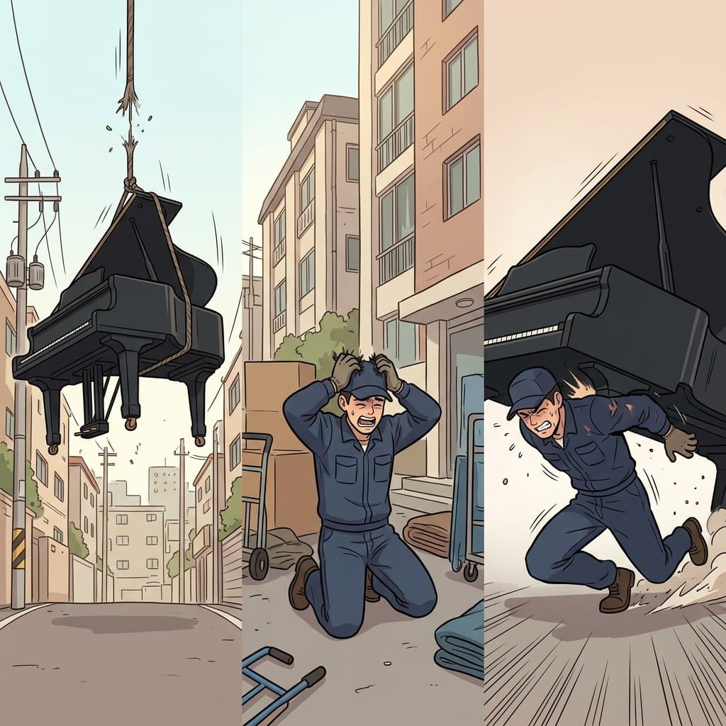 Watching the snapping rope, the mover lost all hope, but then aggressively threw his own body under the heavy piano to physically cope with the disaster.