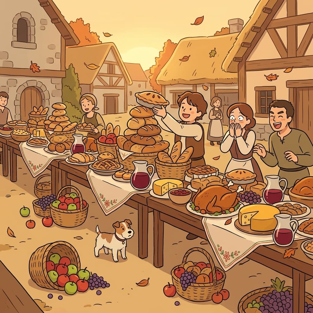 The harvest festival table groans under copious platters of bread, fruit, and roasted meats.