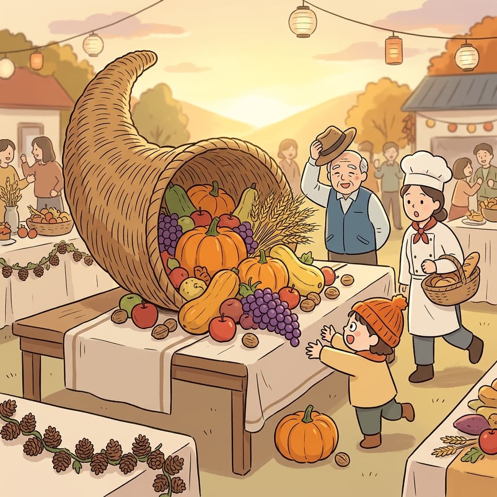 The autumn harvest festival displayed a cornucopia overflowing with pumpkins, grapes, and golden wheat.