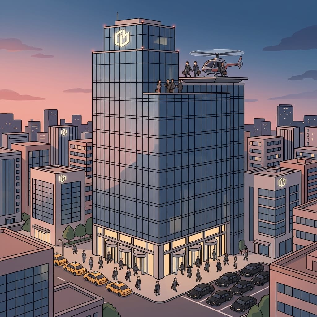 The global corporation's headquarters towers over the city skyline at dusk.
