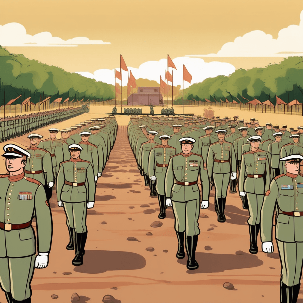 a commanding officer raises his hand to signal the start of coordinated maneuvers. Rows of uniformed soldiers immediately begin moving together in perfect synchronization. The troops march forward as one unified unit while maintaining precise formations. Their coordinated movement creates a powerful display of organized military strength. Other soldiers in the background prepare equipment and observe the disciplined group. a main body of military personnel acting together for a particular purpose