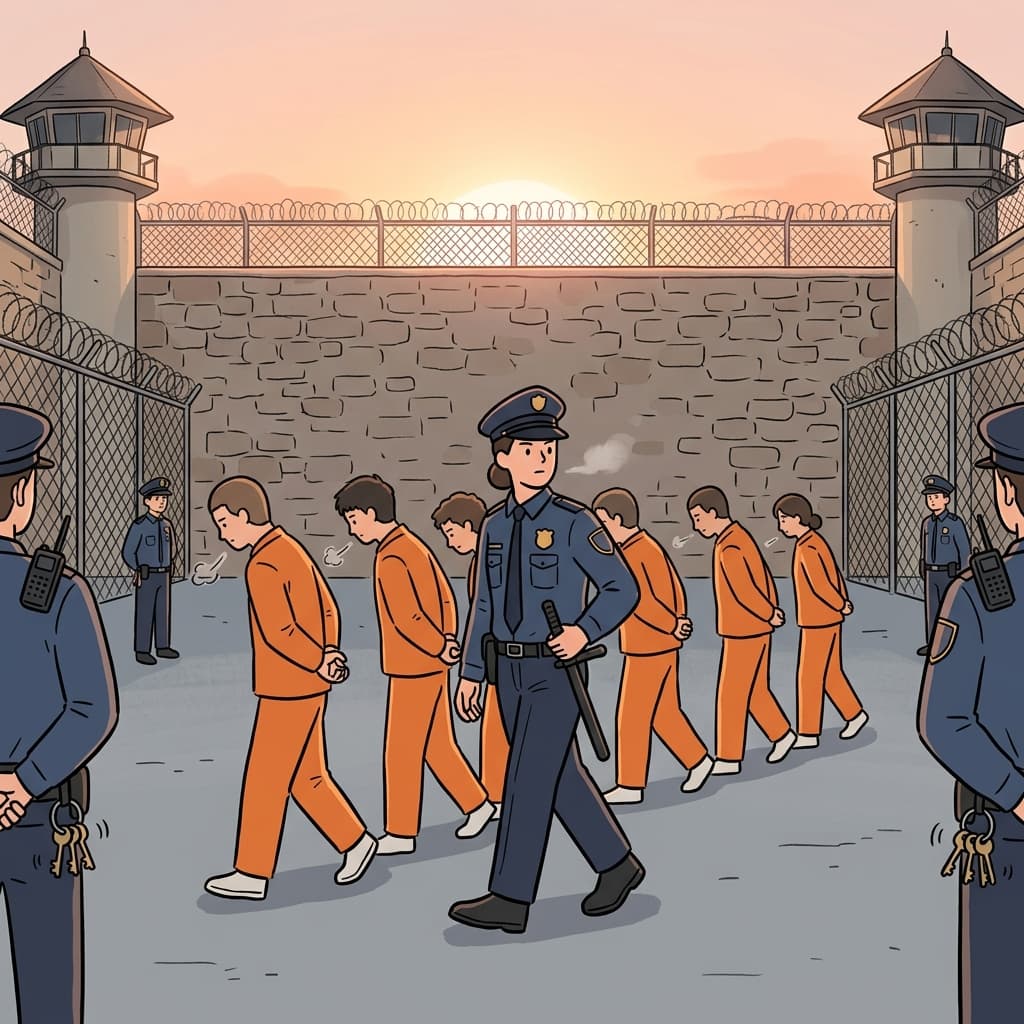 The correctional officer walks inmates through the prison yard at dawn.