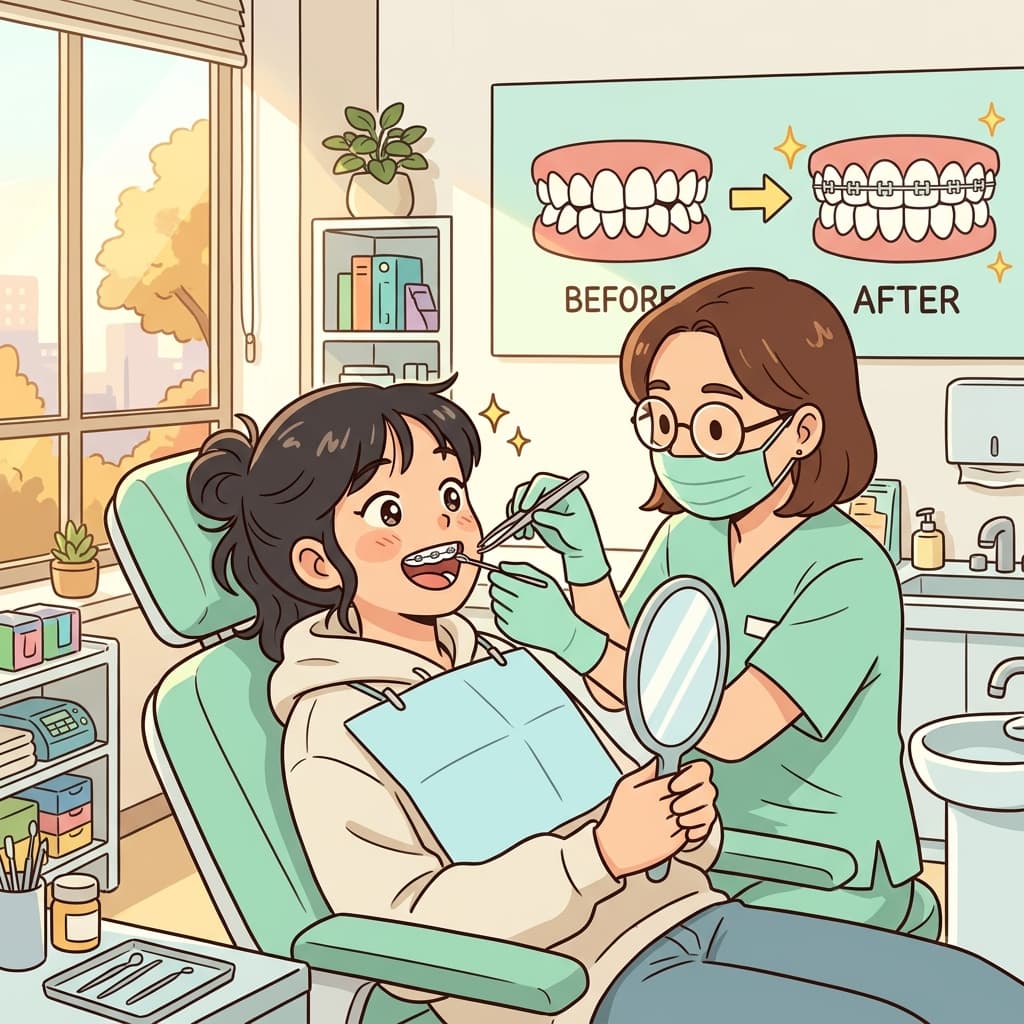The orthodontist fits corrective braces to straighten the teenager's crooked teeth.