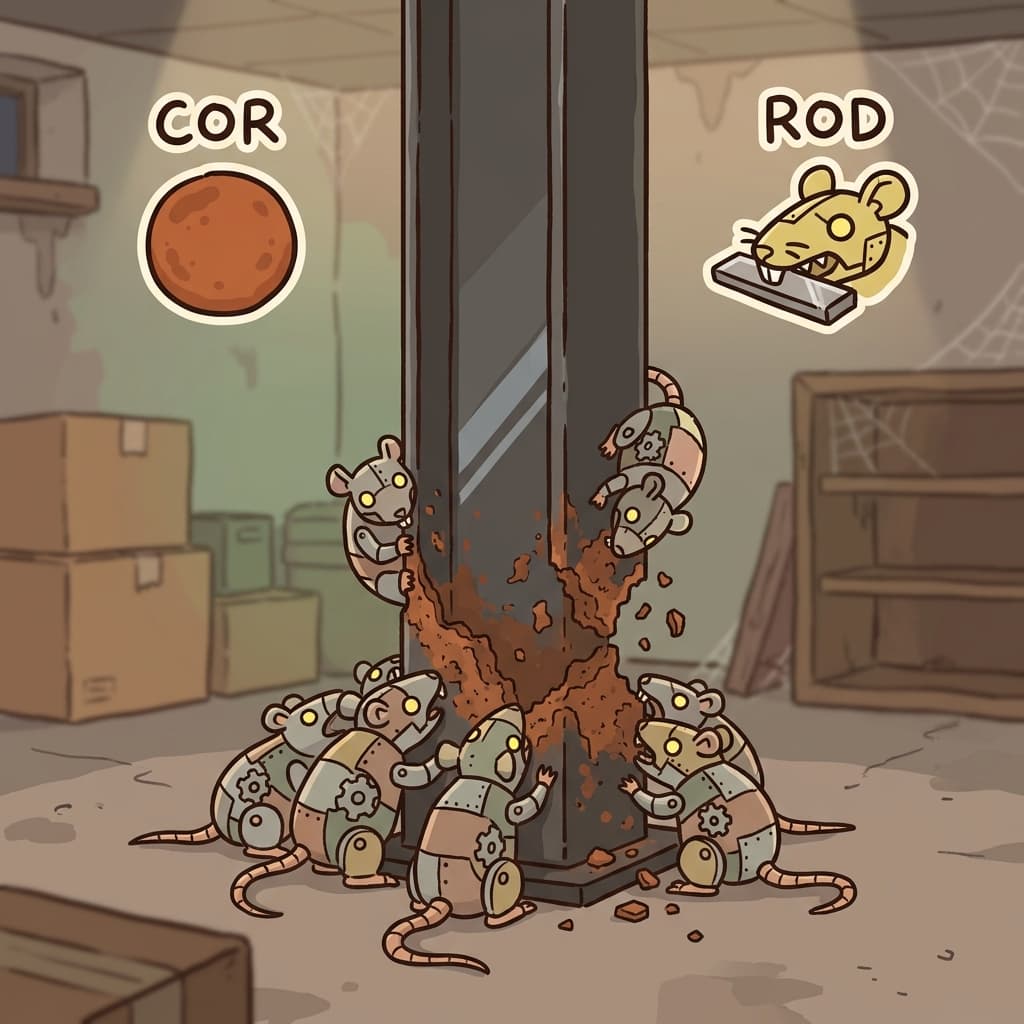 COR(completely) + ROD(gnaw) — the metal-eating rats completely gnawed the steel pillar to corrode it.