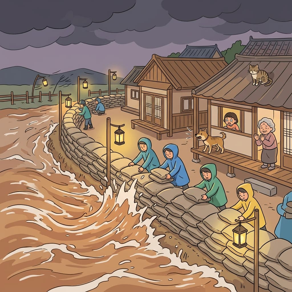 Sandbag walls counteract the rising flood before it reaches the village.