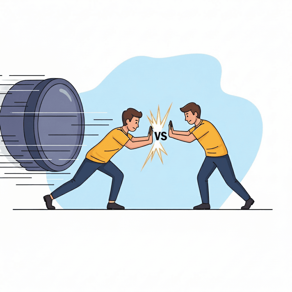 A strong push is counterbalanced — an equal force stops the movement.