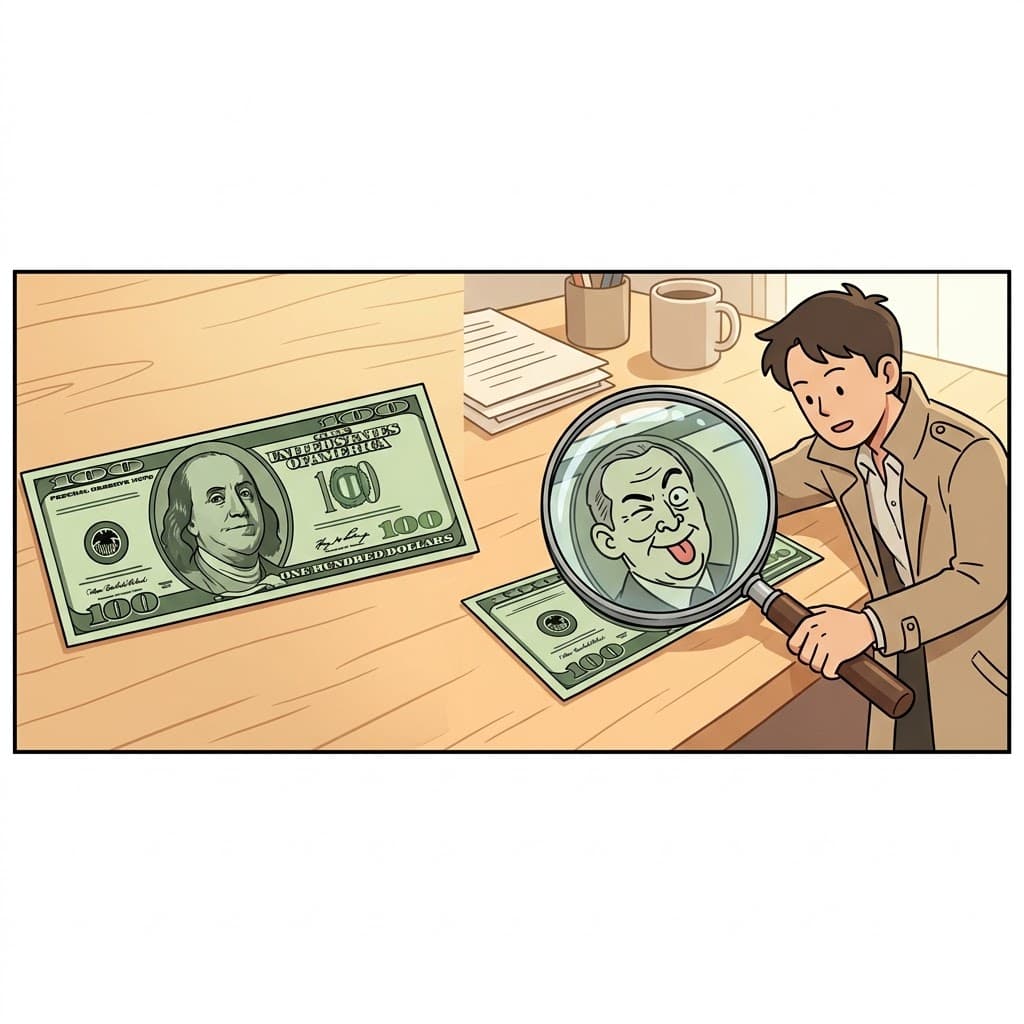 Under the magnifying glass, the ridiculous smile on the counterfeit bill was clearly revealed.