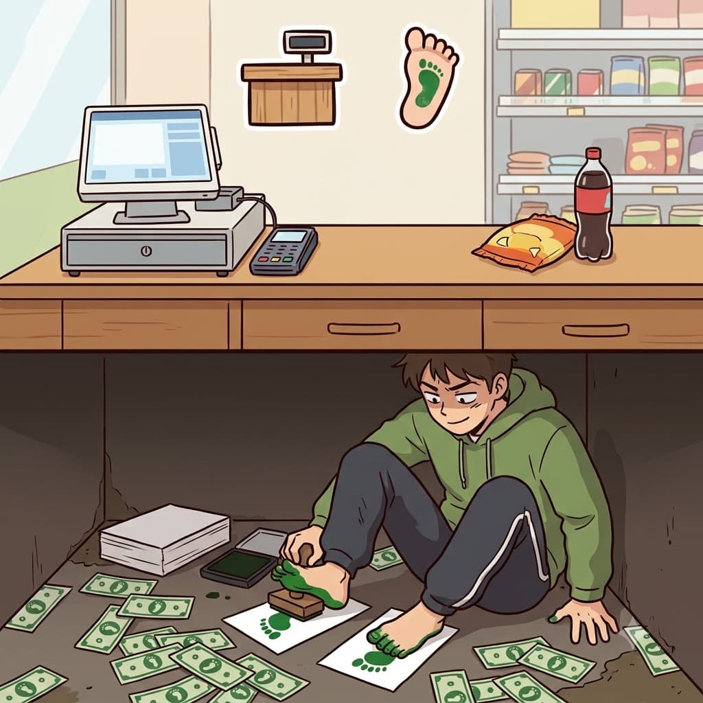 COUNTER(desk) + FEET(feet) — hiding under the COUNTER and printing money with his FEET created terrible counterfeit bills.