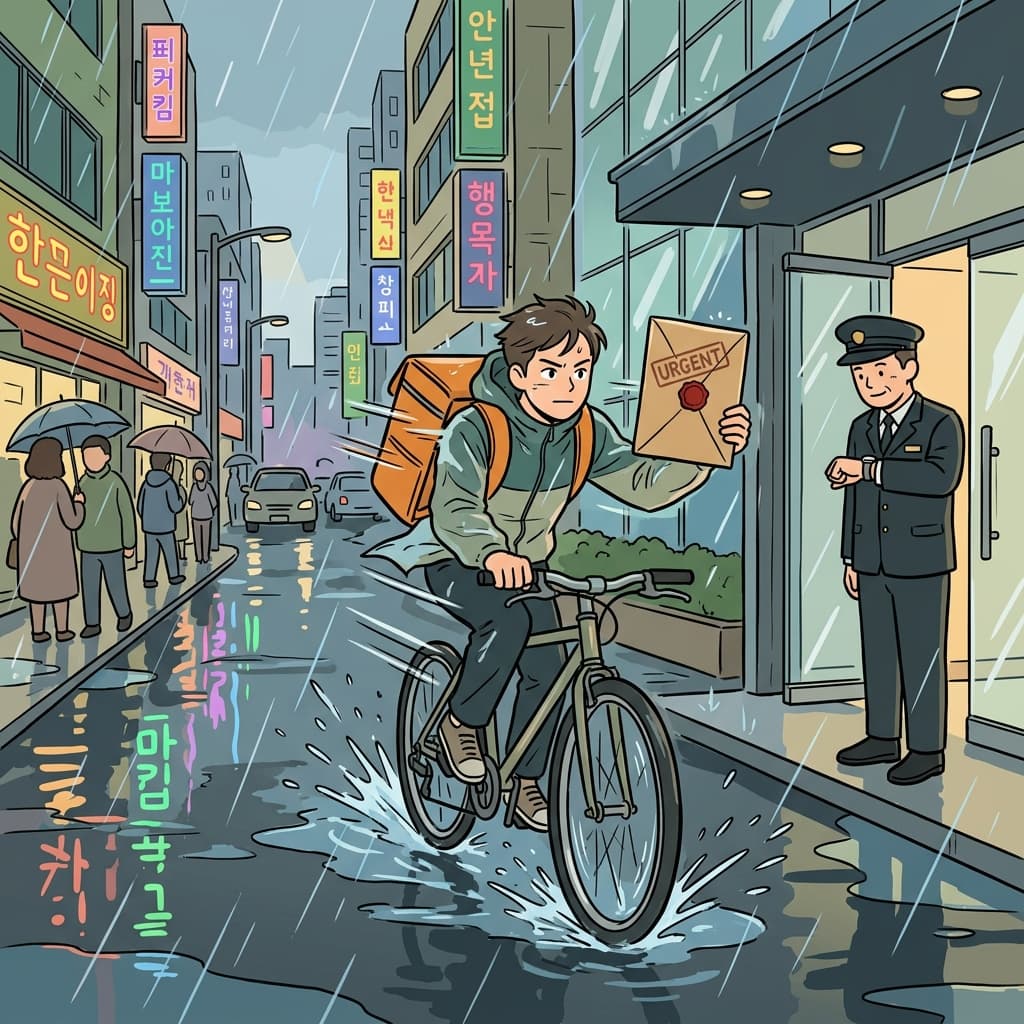 The courier dashes through rain to deliver an urgent package on time.