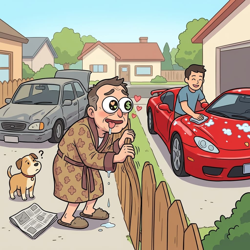 He gave a covetous stare at his neighbor's brand new sports car.