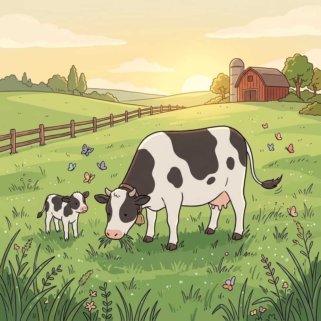 A spotted cow grazes peacefully in the green pasture at sunrise.