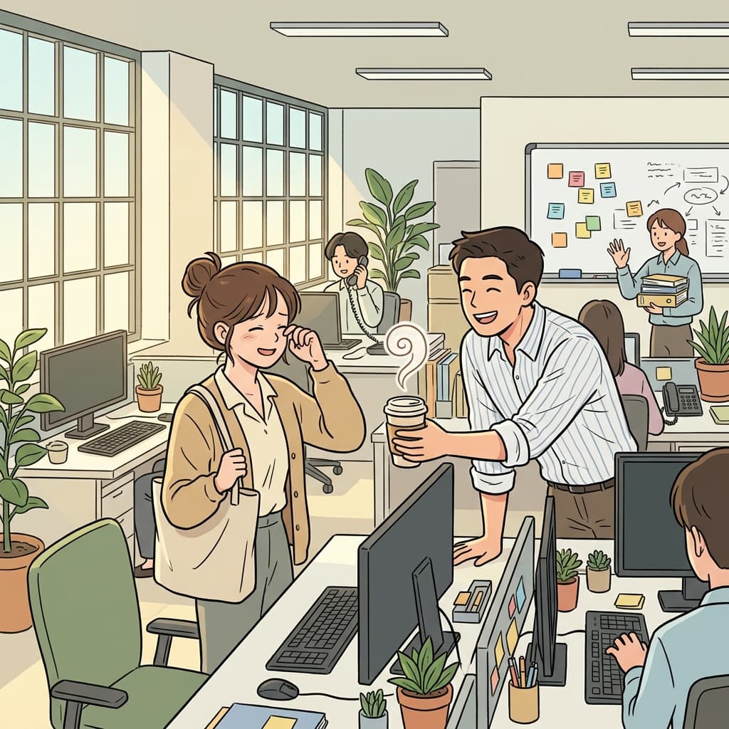 Her coworker hands her a coffee right before the big morning meeting.