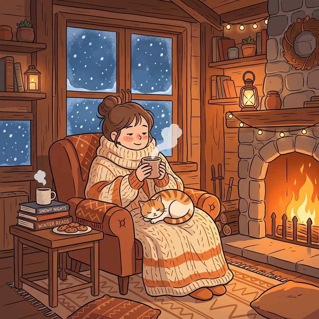 The cabin feels cozy with a warm fire and soft blankets on a snowy night.