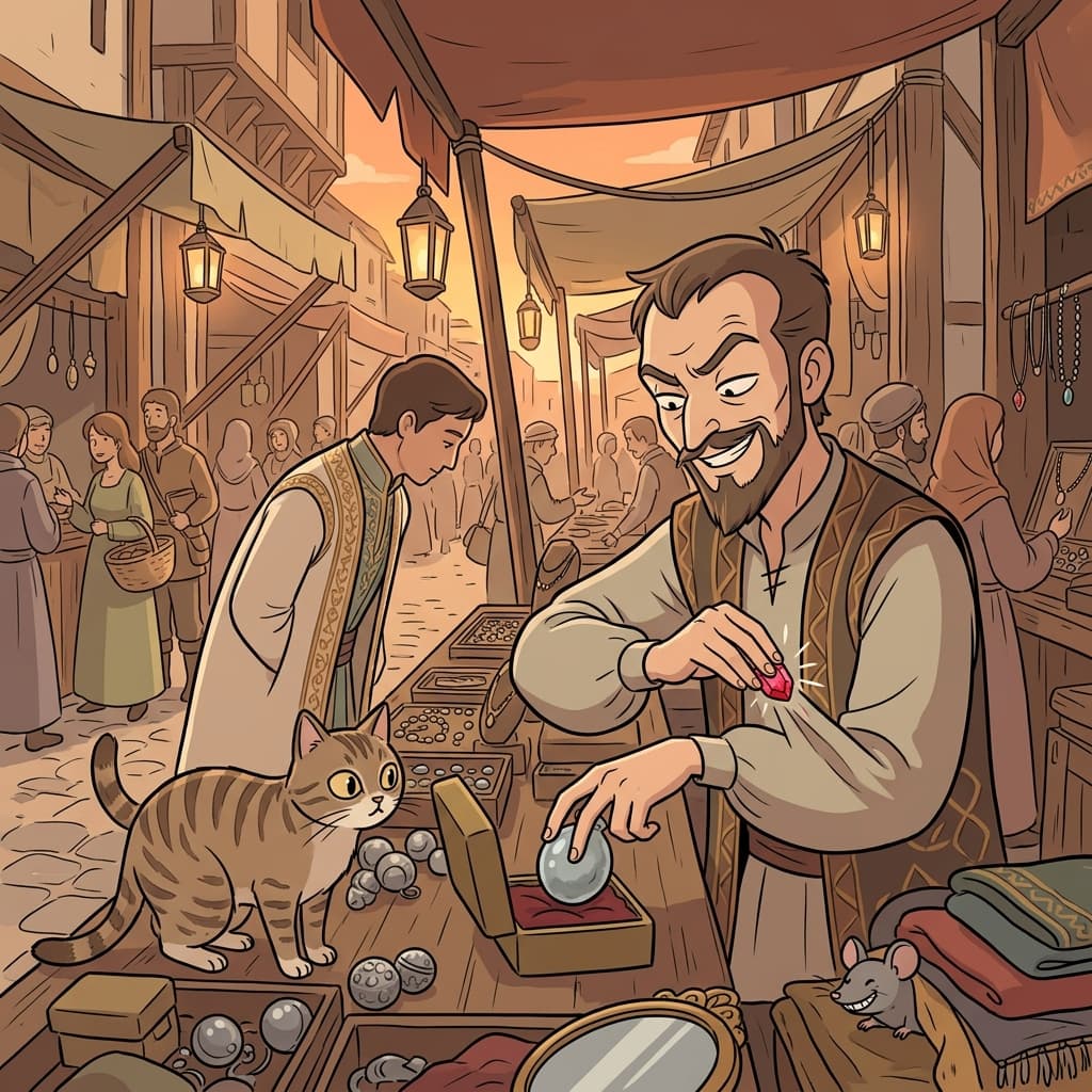 The crafty merchant swaps the real gem for a fake while the buyer looks away.