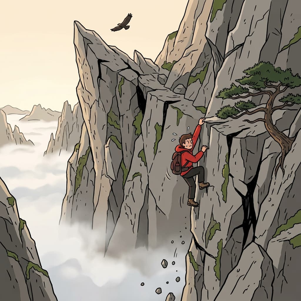 A lone climber grips the sheer crag rising above the misty valley.