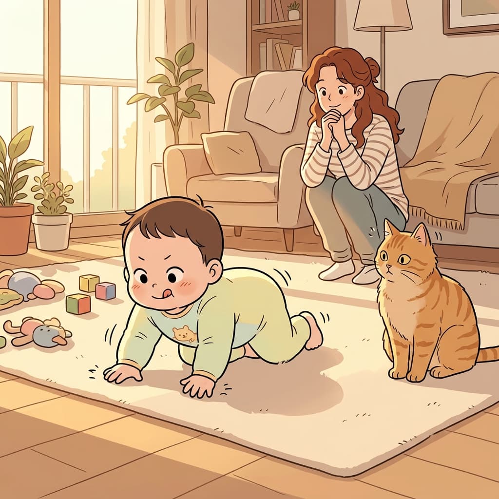 The baby starts to crawl across the living room rug toward the cat.