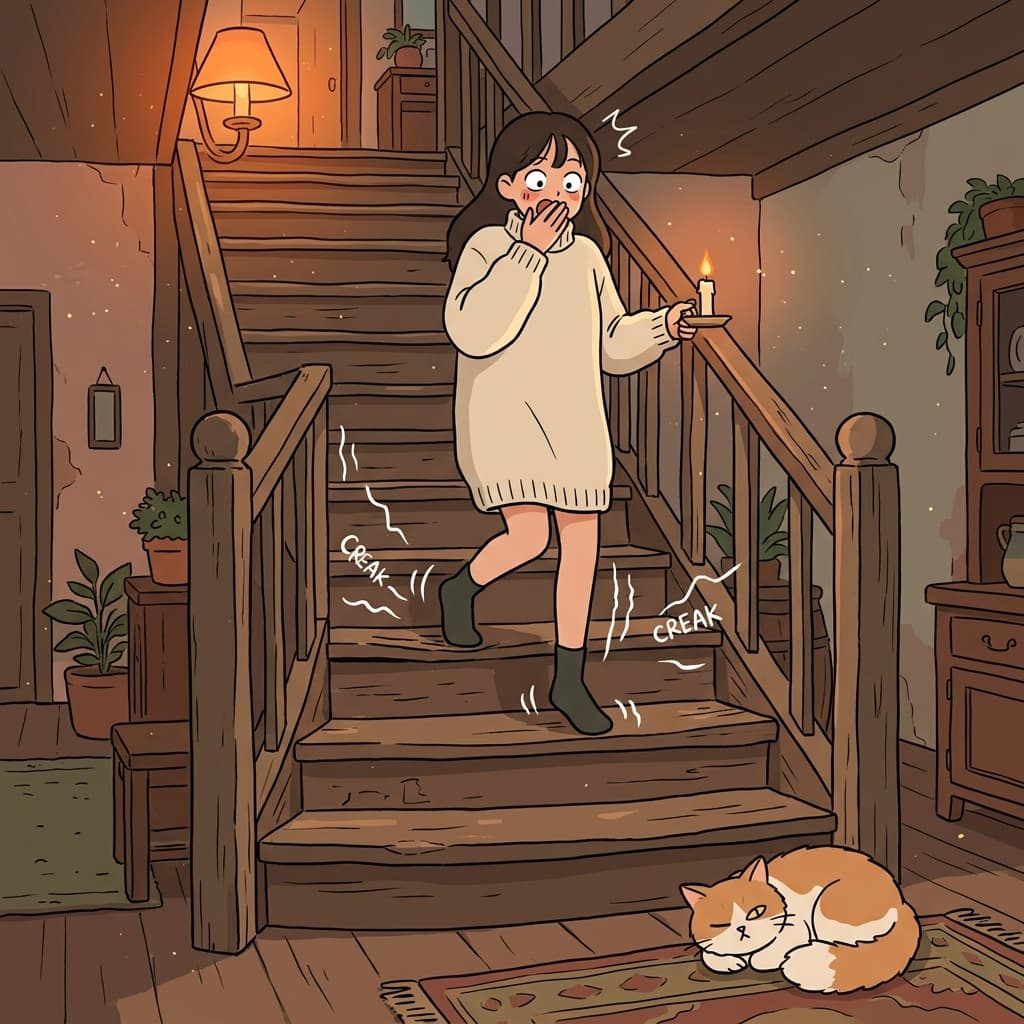 The creaky wooden staircase groaned under every careful step she took.