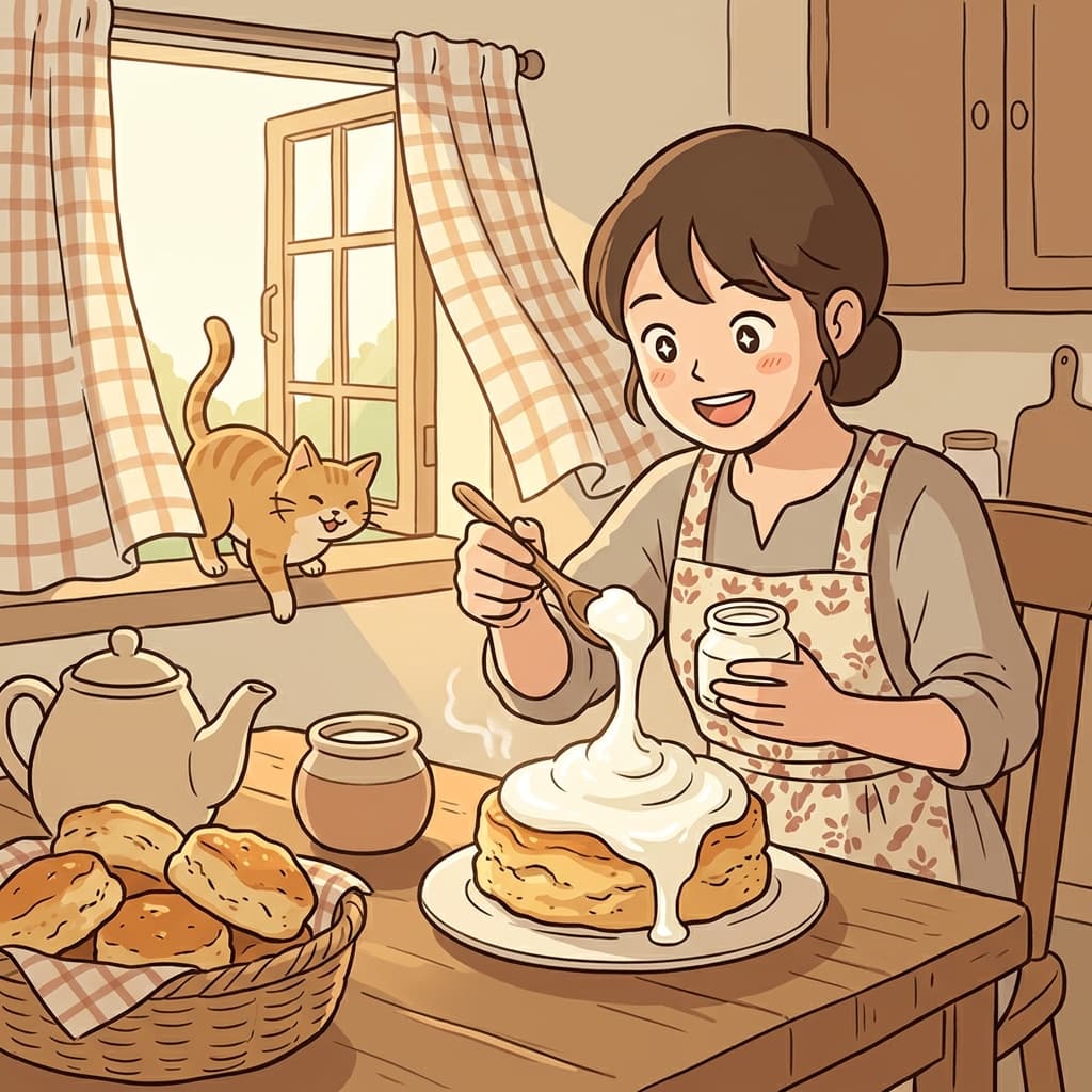 She spreads thick cream on warm scones at the cozy farmhouse breakfast table.