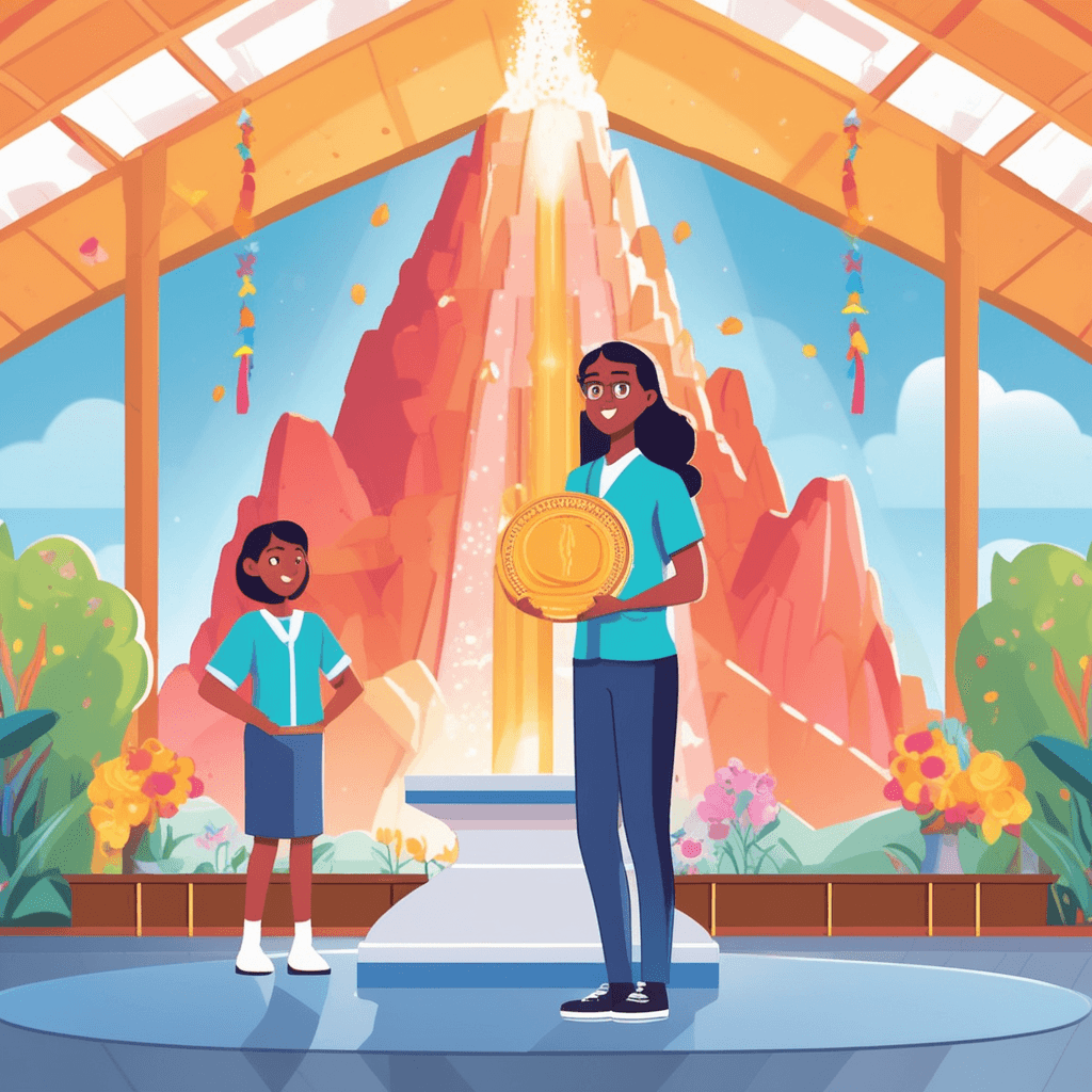 a young student stands proudly next to her elaborate volcano science project that actually erupts with colorful foam. A judge holds up a golden first-place ribbon while pointing admiringly at the detailed research display. The student's project clearly shows months of careful preparation and scientific accuracy. Her experiment works perfectly, impressing everyone who watches the demonstration. Other students and parents in the background applaud enthusiastically with bright smiles. Teachers nod approvingly as they observe the high-quality work. work that is deserving of acknowledgment and praise, bringing credit and honor