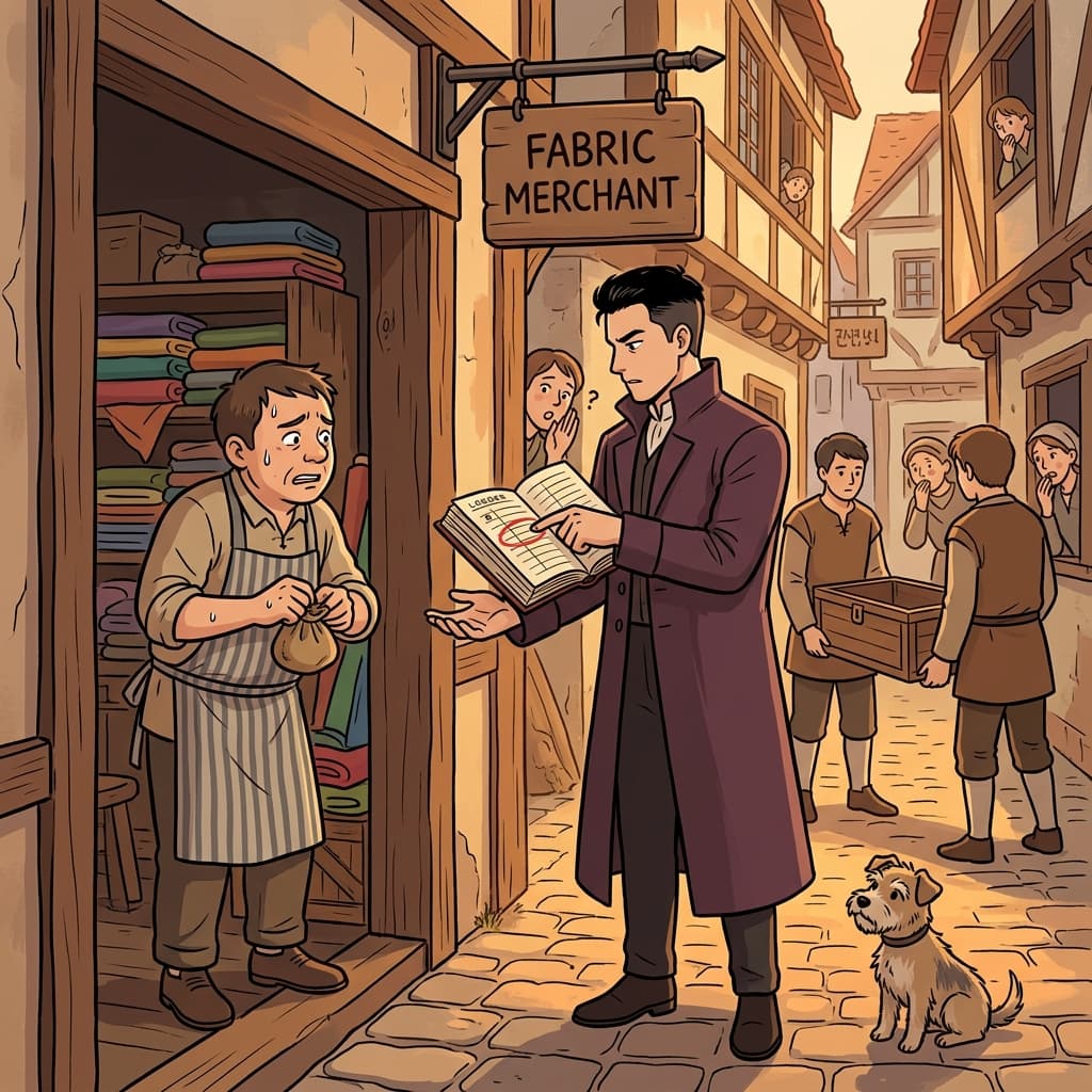 The creditor knocks on the merchant's door demanding repayment of last month's loan.