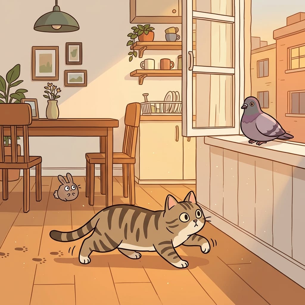 The cat begins to creep silently toward the unsuspecting pigeon on the windowsill.