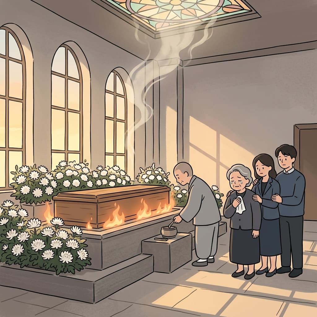 The family gathered at the crematorium to cremate their grandfather with quiet dignity.
