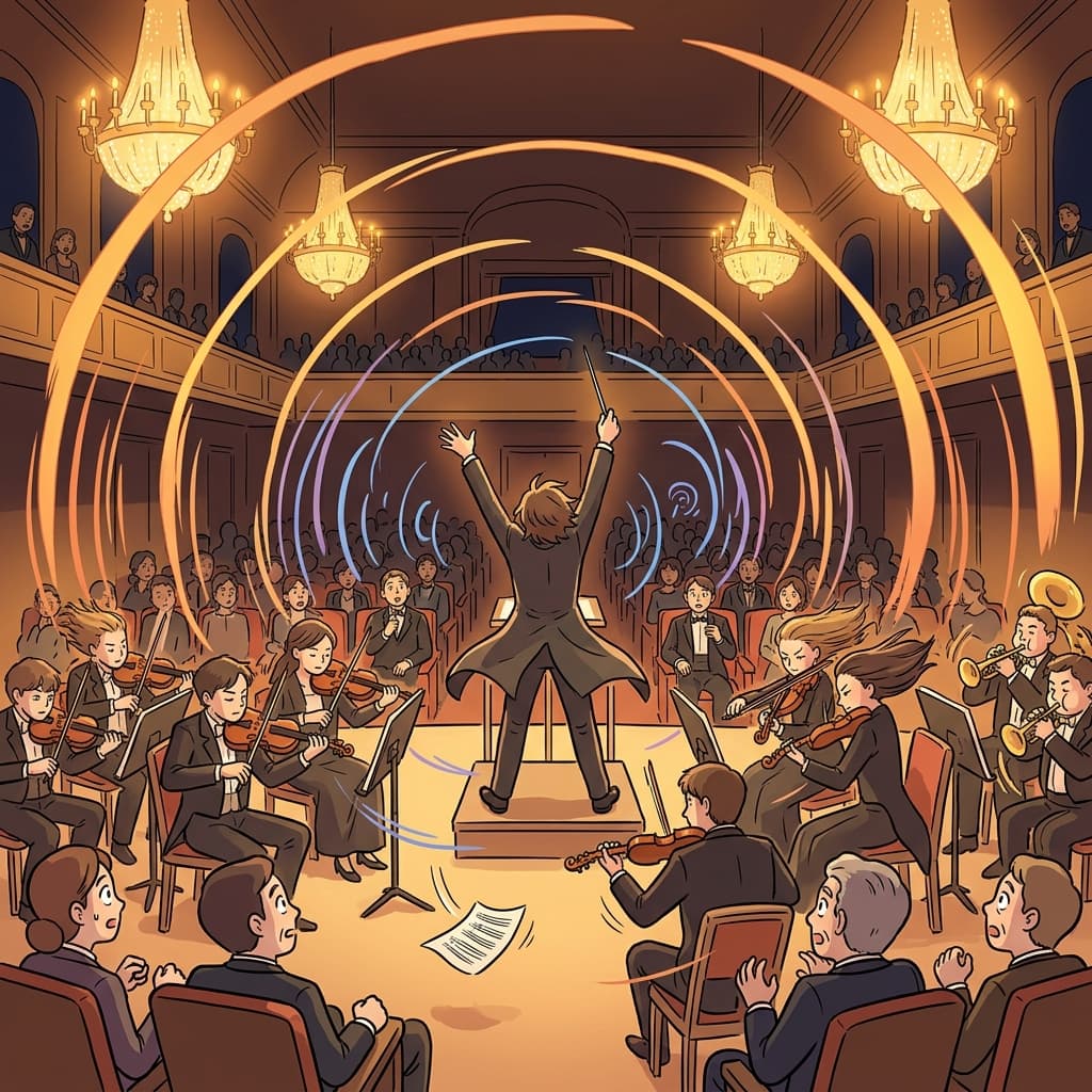 The orchestra built to a thunderous crescendo as the conductor raised both arms.