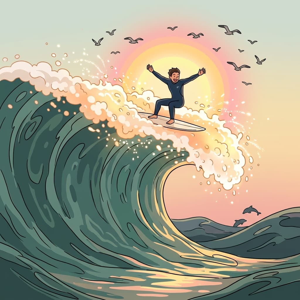 The surfer rides the crest of a massive wave at sunrise.
