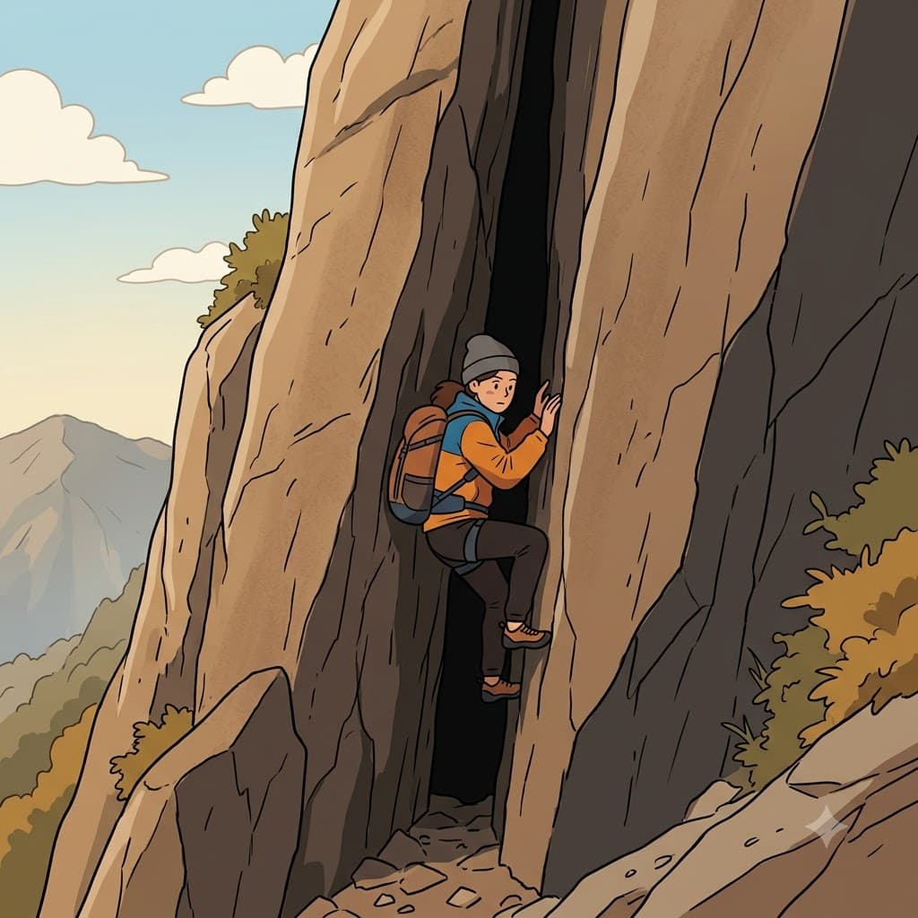The climber found a crevice in the rock and squeezed through the narrow crack to reach the other side. (Think: CREVICE → CRACK: A crevice is a narrow crack or opening.)
