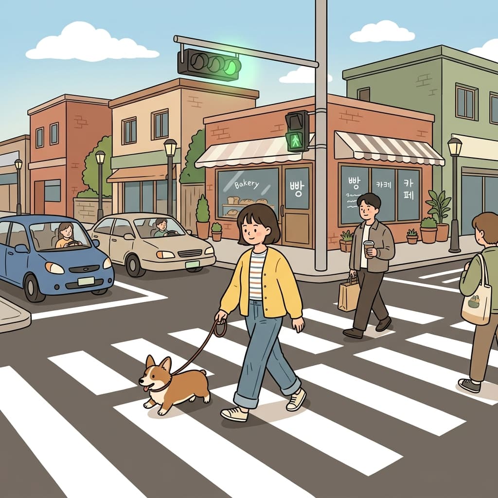 She waits for the green light, then steps onto the crosswalk with her dog.
