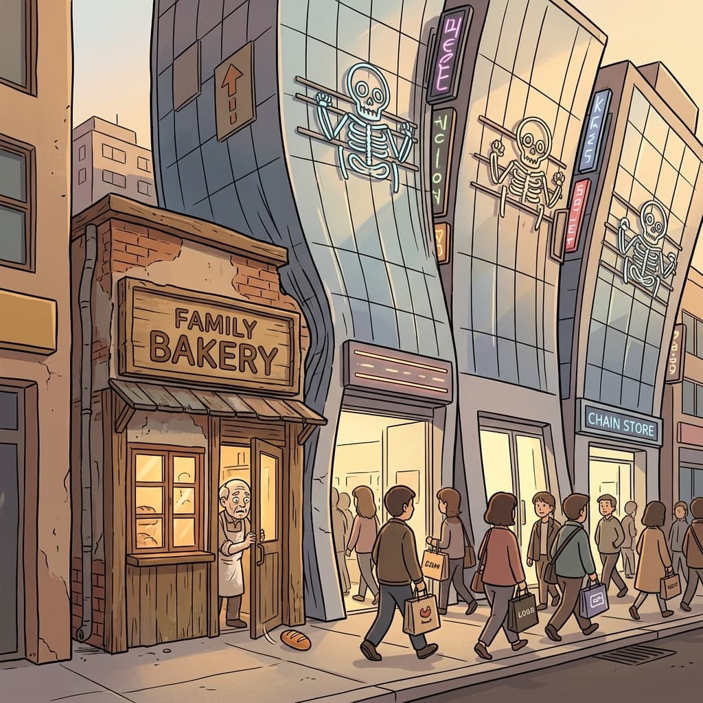 Big chain stores crowd out the small family bakery on the corner.