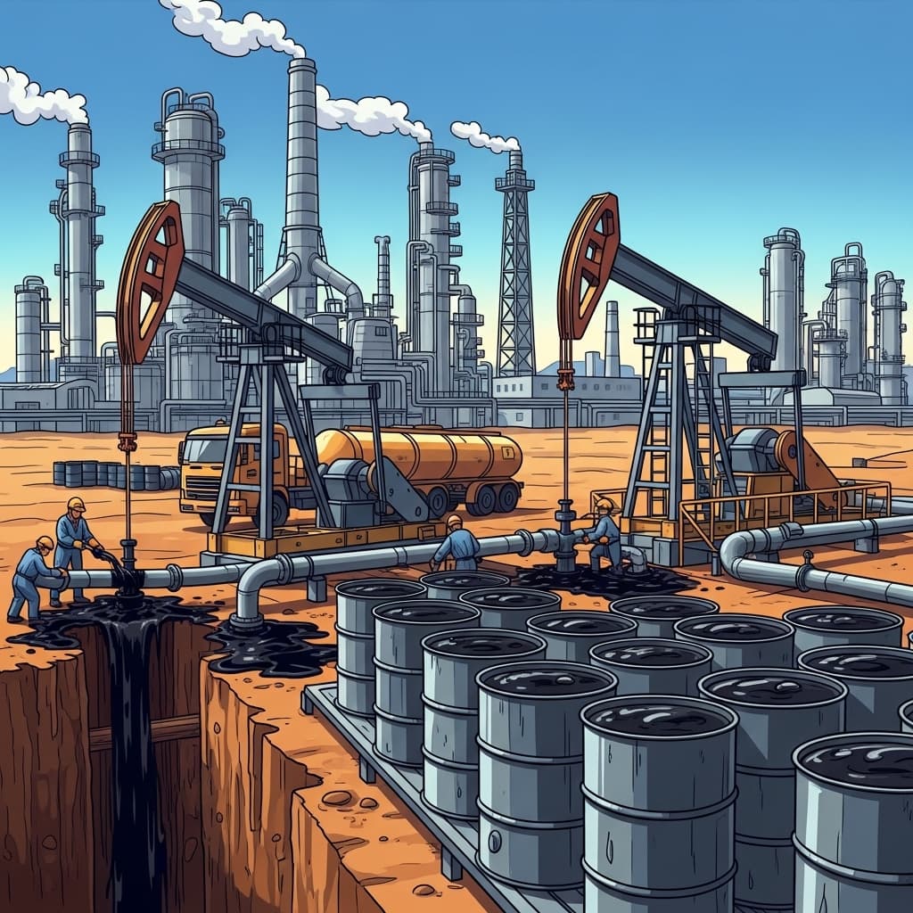 Crude oil fills massive barrels before traveling to the refinery.