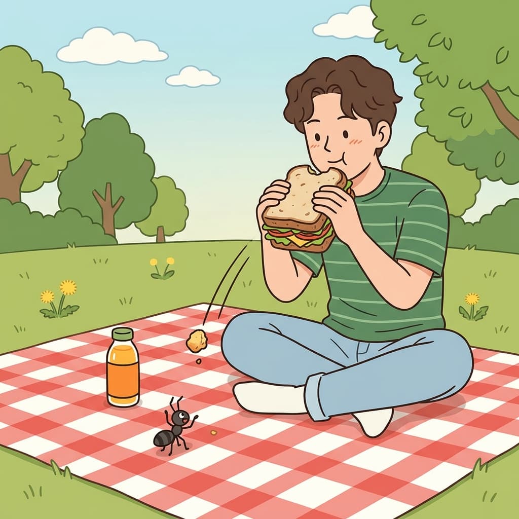 A tiny crumb fell from his sandwich onto the picnic blanket.