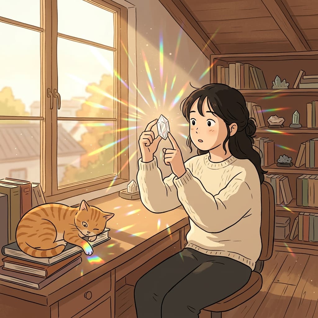 She lifts a clear crystal to the window, splitting sunlight into rainbows.