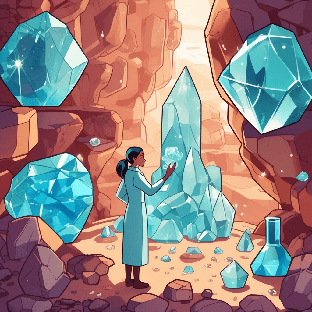 a scientist carefully observes a supersaturated solution in a glass container as tiny mineral particles begin to cluster together. She watches intently as the dissolved minerals slowly organize themselves into geometric crystal shapes. The clear liquid transforms as beautiful purple crystals emerge and grow larger, forming distinct angular faces and sharp edges. The crystals continue expanding upward in perfect symmetrical patterns, creating stunning amethyst formations. Her assistant points excitedly at another container where similar crystal growth is occurring. The cave walls around them sparkle with natural crystal formations that formed the same way over thousands of years. minerals forming into crystals and taking on a crystalline structure