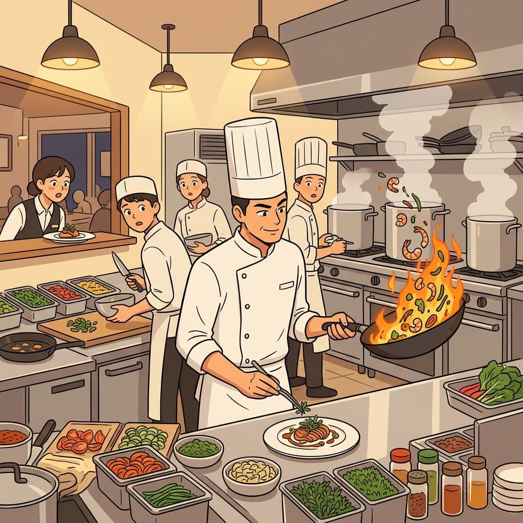 The chef displays his culinary skills at a bustling restaurant kitchen.
