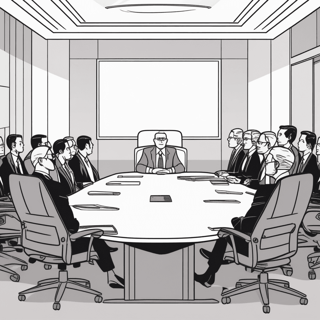 a business executive sits with head lowered and hands clasped, facing a panel of stern board members across a large conference table. Documents and evidence are spread across the table showing the consequences of poor decisions. The executive's posture shows acceptance of blame while board members point and gesture with serious expressions. Other employees in the background shake their heads in disappointment at the revealed wrongdoing. The executive's downward gaze and defensive body language contrast sharply with the accusatory stances of others. responsibility for a fault or wrong and blameworthiness
