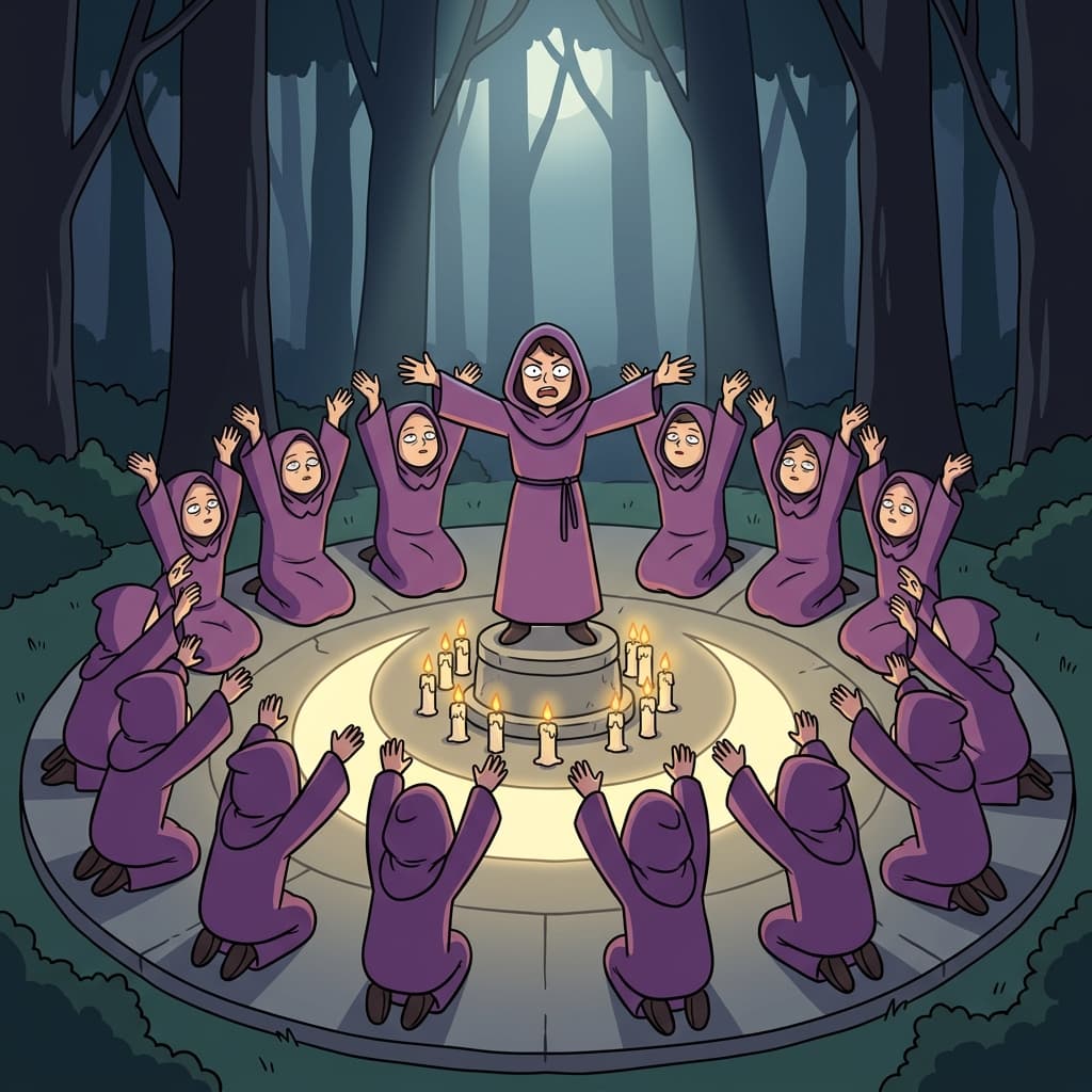 Members of the cult gather in robes around a glowing symbol at midnight.