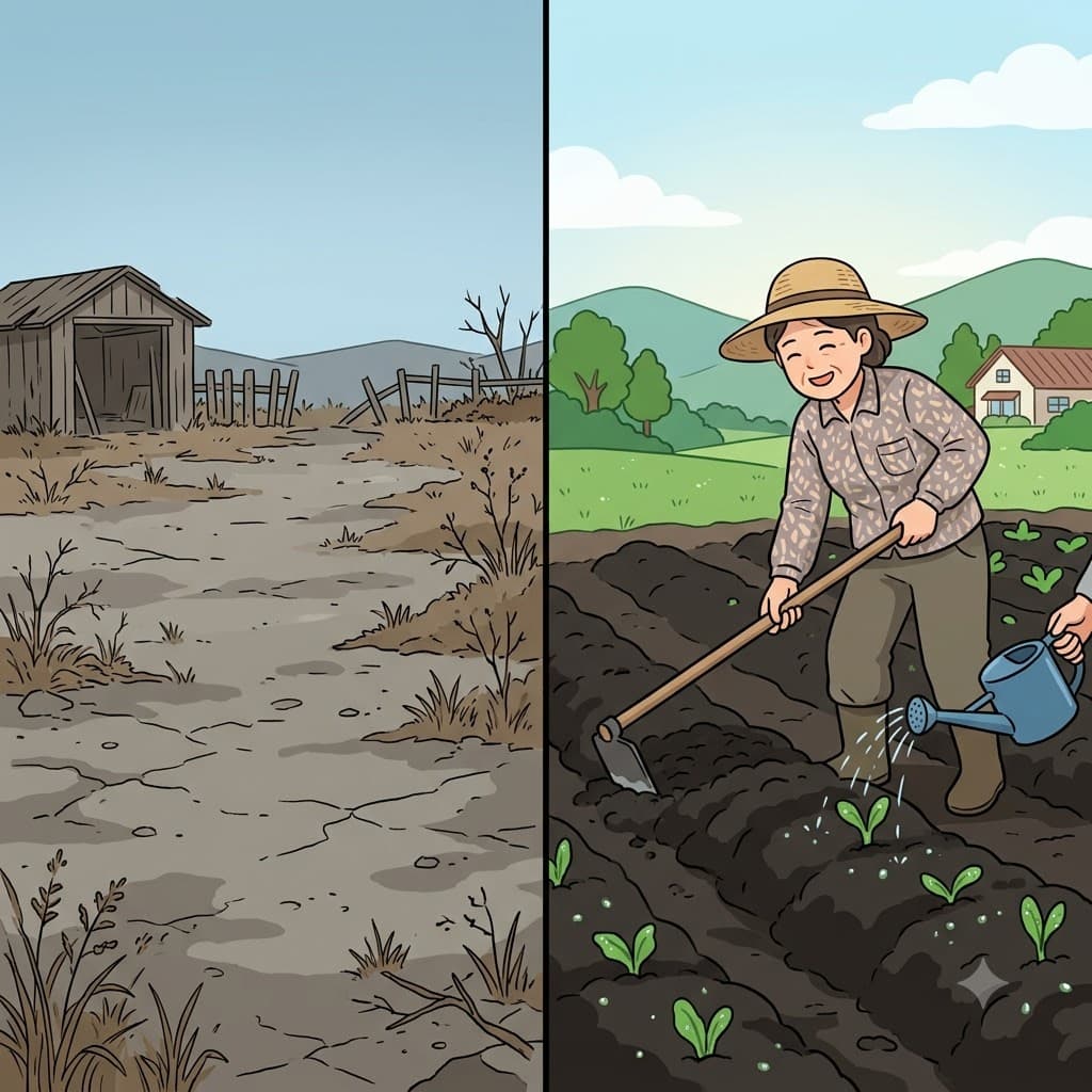 The farmer's careful cultivation of the rich black soil produced rows of healthy green crops.
