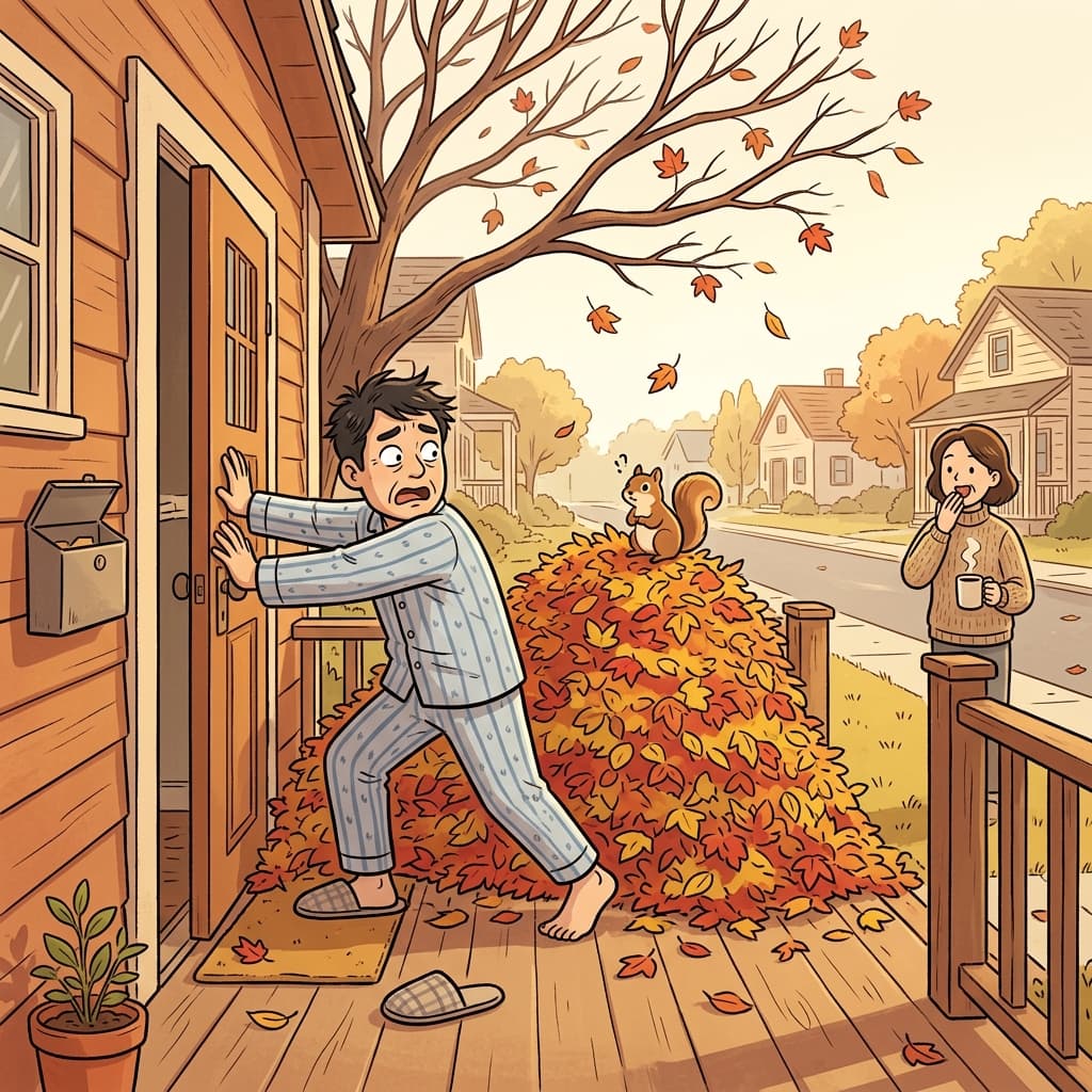 Autumn leaves cumulate at his doorstep until he can barely open the door.