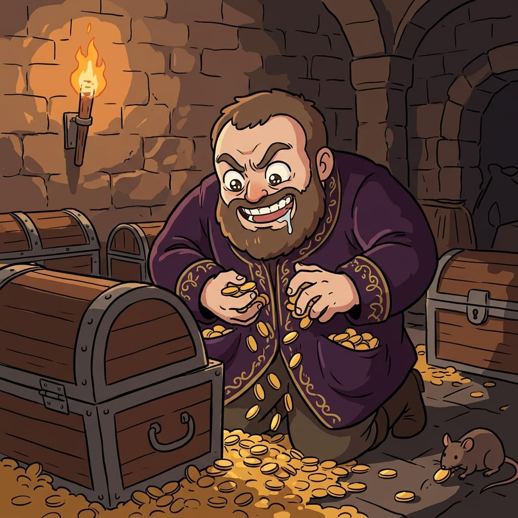 His cupidity grew as he stared at the overflowing treasure chest.
