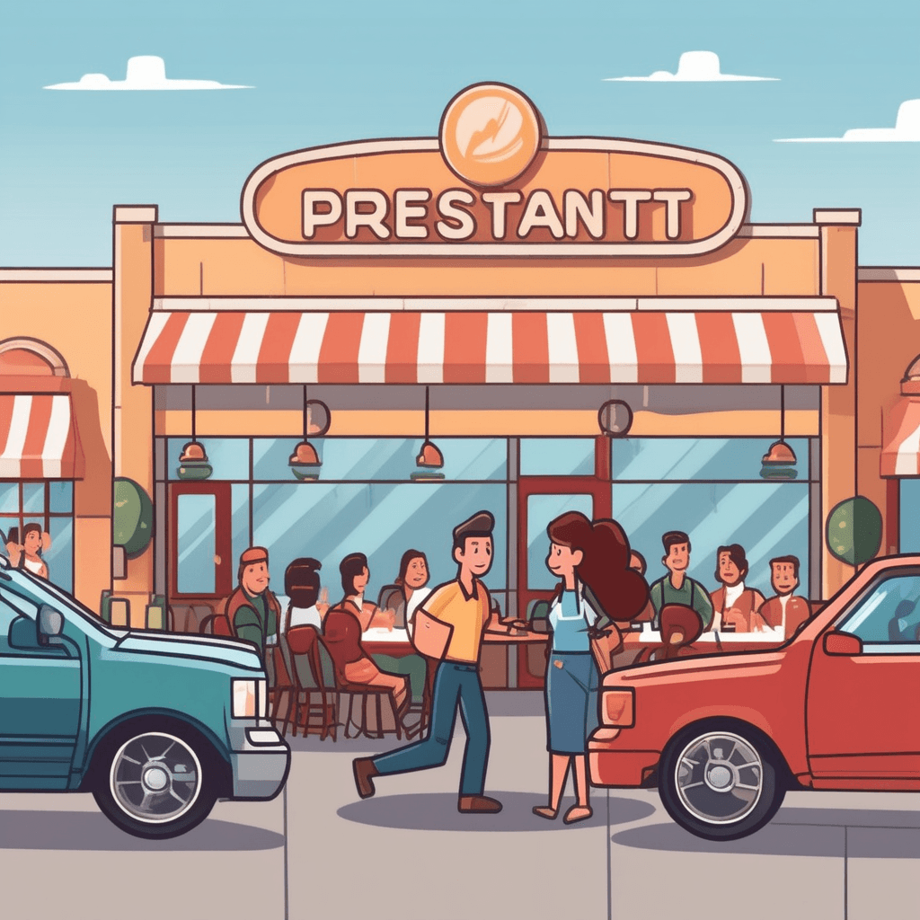 a smiling customer sits in their car with the window rolled down reaching toward a restaurant worker. The employee walks out from the restaurant carrying a bag of food and drinks on a tray. The worker approaches the car and hands the order directly through the open car window. The customer receives the items while remaining seated in the driver's seat. Other cars wait in similar designated spots while restaurant staff move between the building and vehicles. customers collecting pre-ordered items from a restaurant without leaving their vehicle