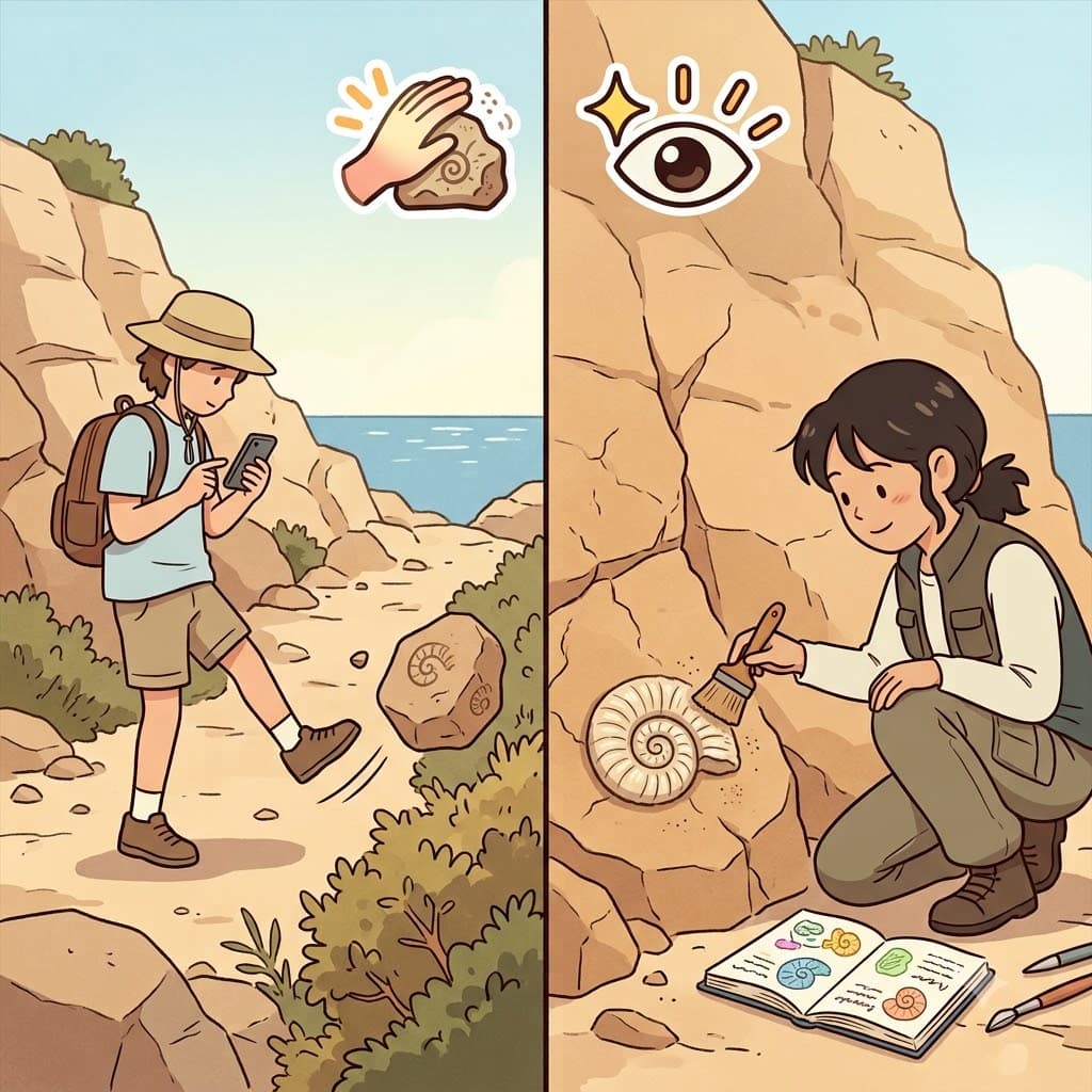 CURI (careful attention) + OSITY (state of) — by giving deep CURI (care) to every strange fossil in the rock, the young paleontologist showed intense curiosity.