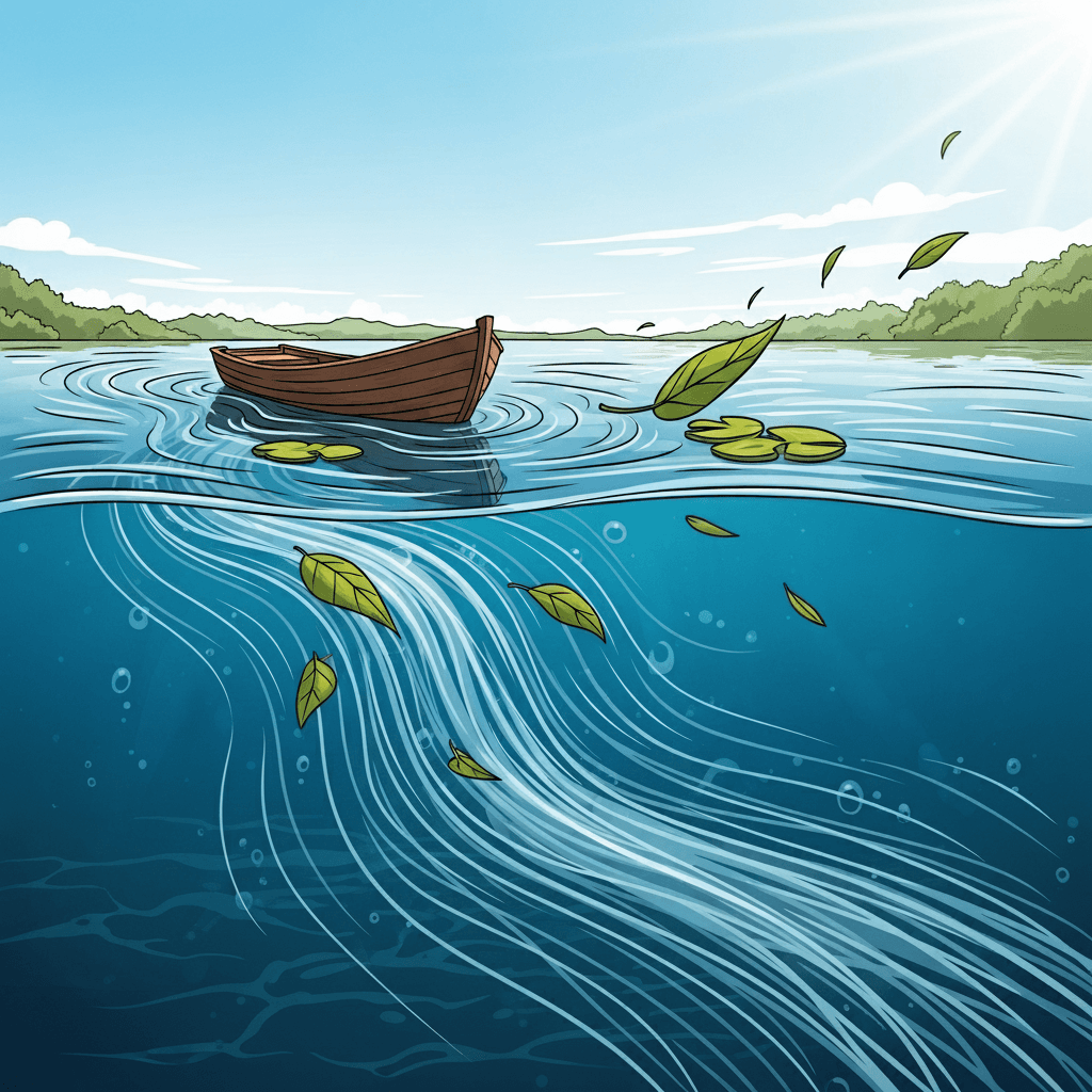 The boat moves with the strong current beneath the surface.