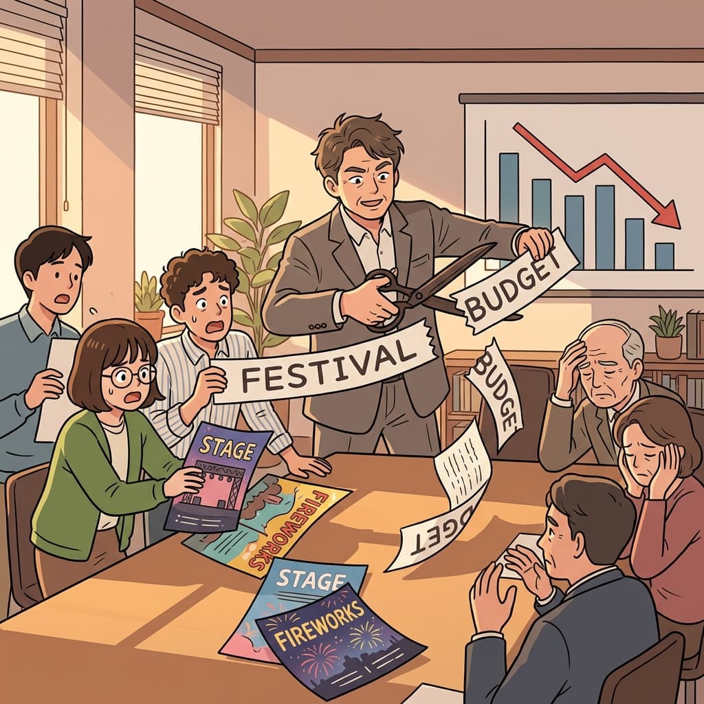 The mayor had to curtail the festival budget after the storm damage.