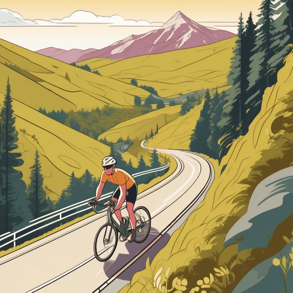a cyclist leans into a sharp turn as the road bends dramatically around the mountainside. The bicycle follows the curved path that winds like a ribbon through the landscape. The road's curved shape forces the cyclist to adjust their balance and steering. Trees and rocks line the curved roadway creating natural boundaries. Other hikers on the trail watch as the cyclist smoothly navigates each curved section. how the road has a rounded, bent, arched shape that is not straight