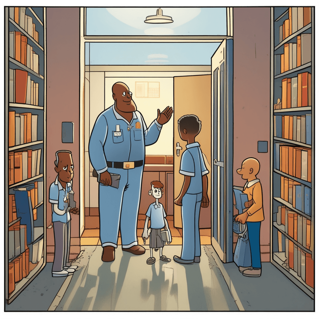 The custodian stands with the guardian and librarian!
